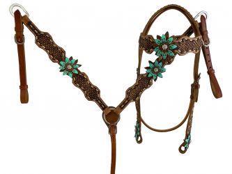 Showman Hand Painted Leather 3D Teal/Brown Flowers on Brow band Headstall and Breast collar Set